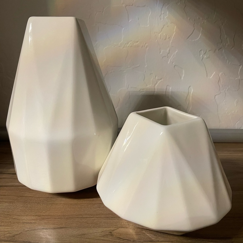West Elm Diamond Shaped Faceted Porcelain Vases White (Set of 2)
